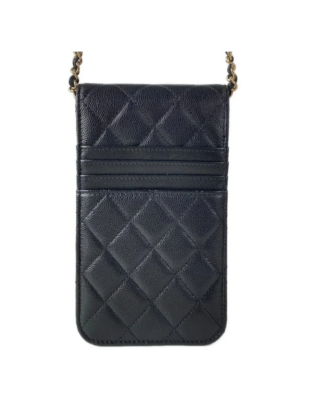 Chanel Shoulder Bag Quilted Black Gold Phone Strap Case Chain